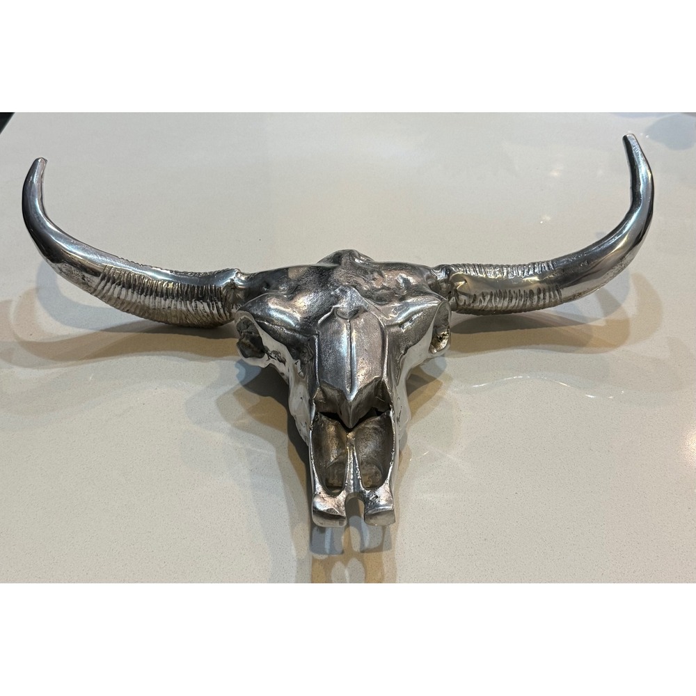 Polished Silver Metal Bull Skull Wall Decor Longhorn Steer Sculpture Large New